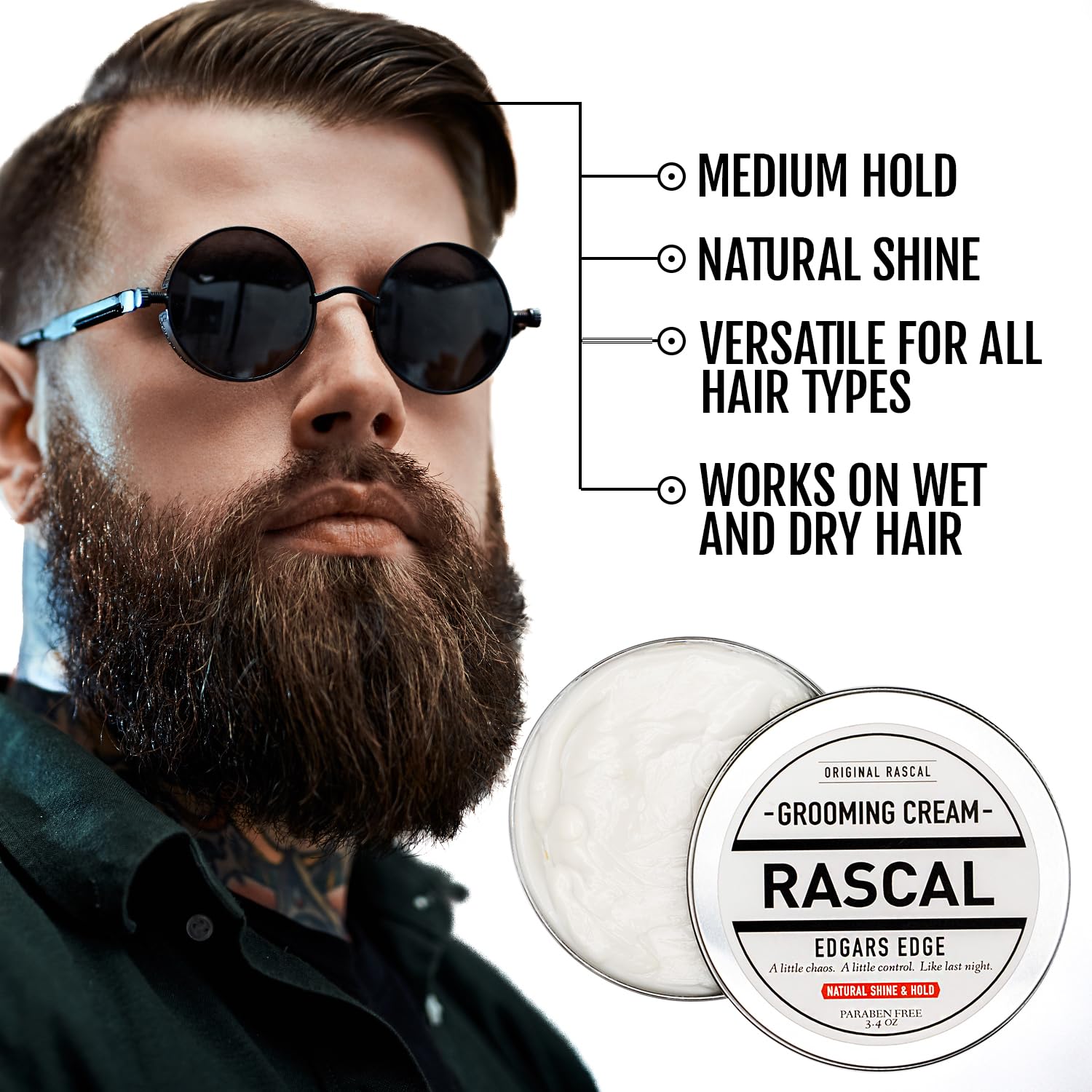 Rascal Original Edgar's Edge Grooming Cream jar-cap demonstrates easy-to-use formula for all hair types