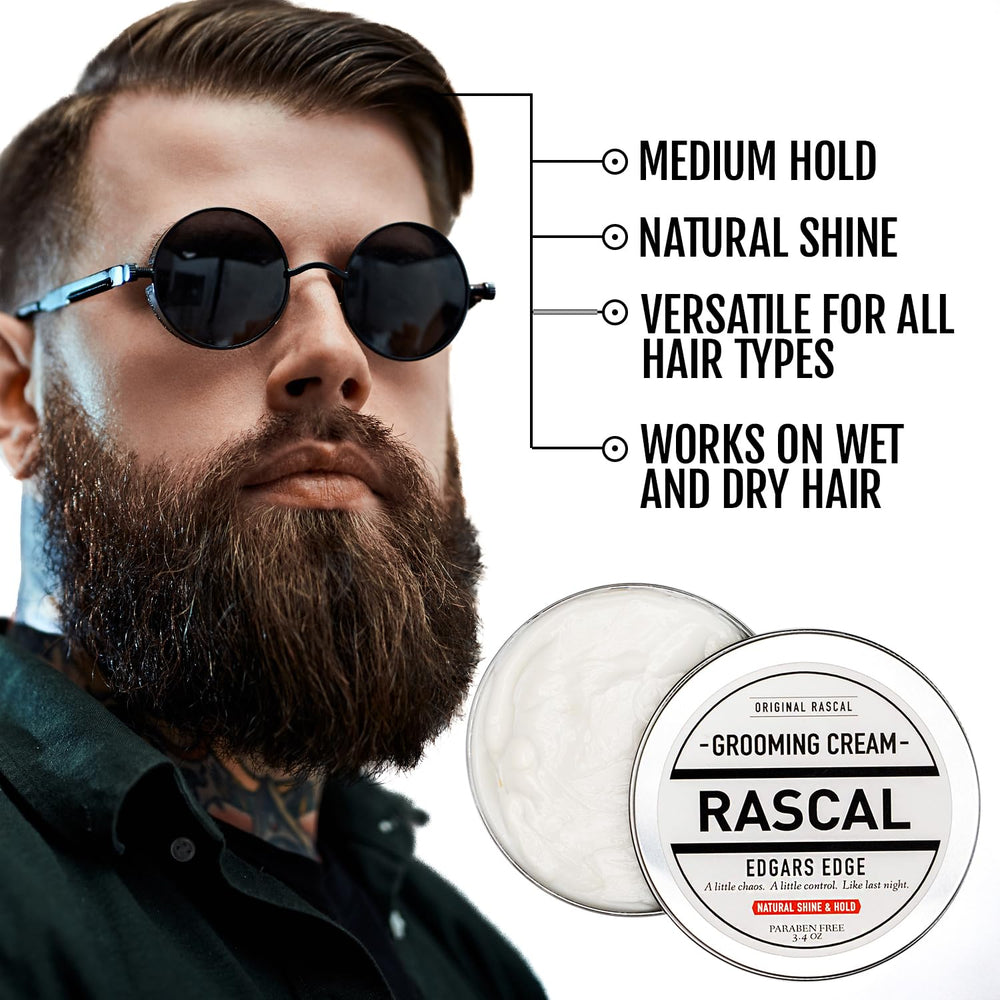 Rascal Original Edgar's Edge Grooming Cream jar-cap demonstrates easy-to-use formula for all hair types
