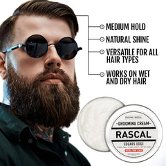 Rascal Original Edgar's Edge Grooming Cream jar-cap demonstrates easy-to-use formula for all hair types