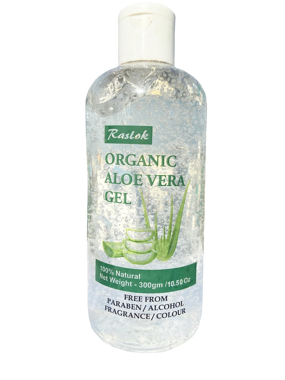 Raslok Aloe Gel bottle shows 10.50 oz size for daily hydration.