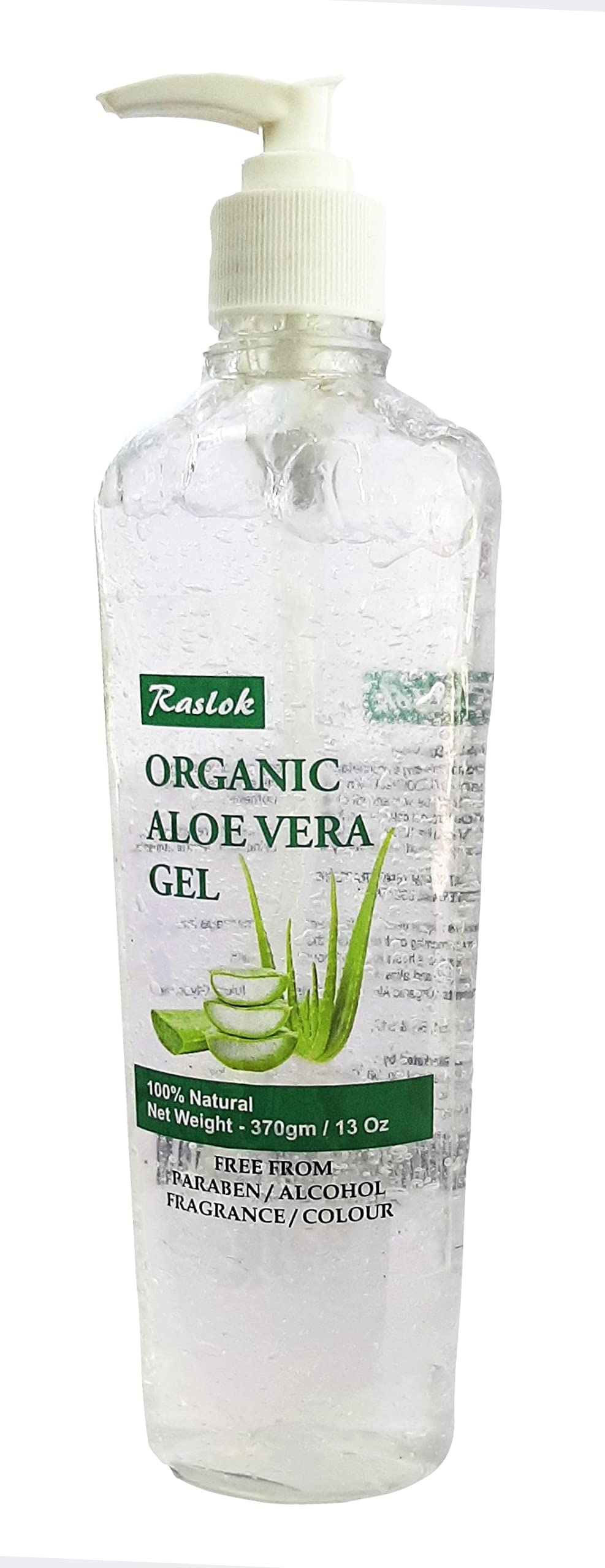 Raslok Aloe Vera Gel bottle pour for instant hydration and soothing application.