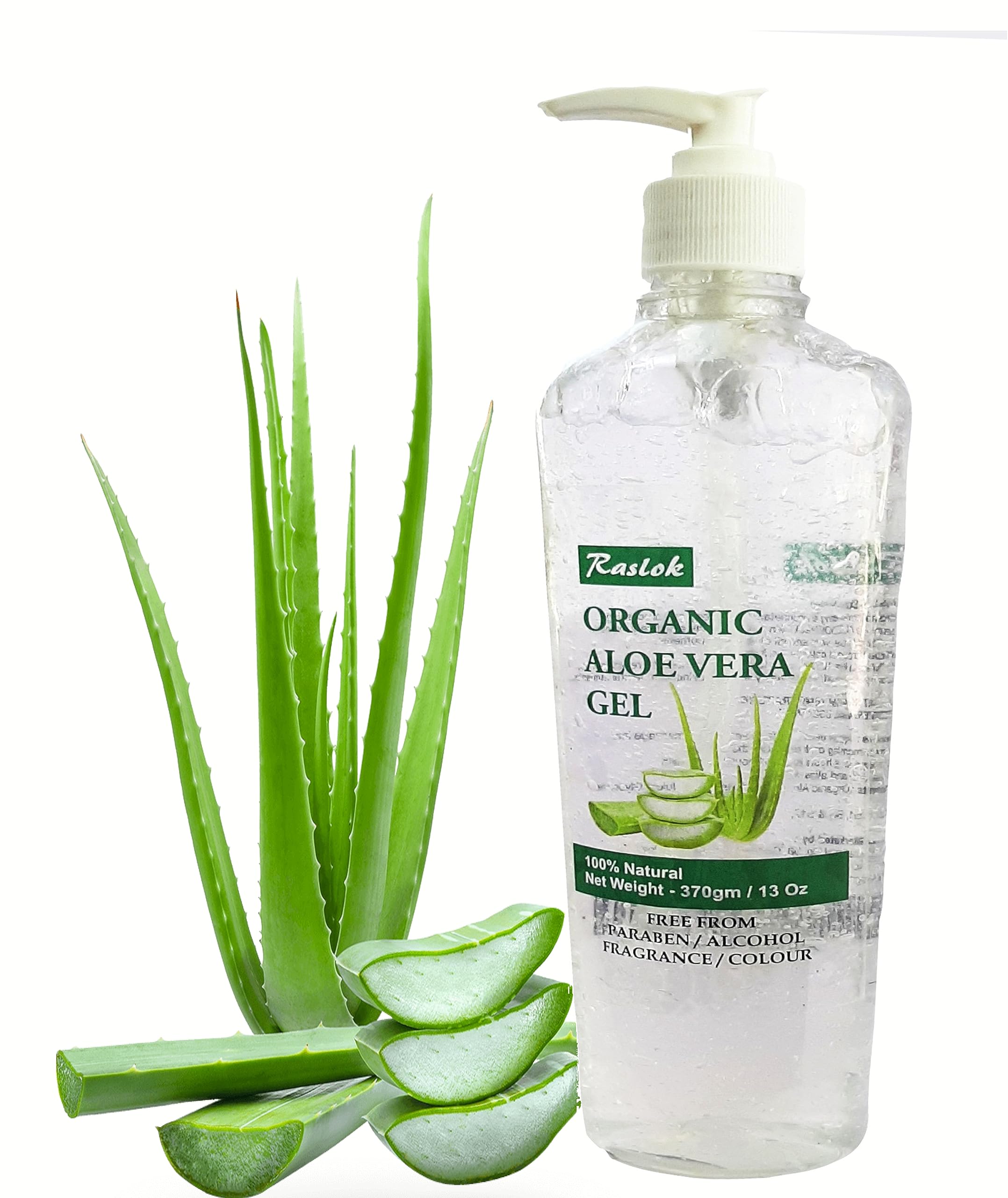 Raslok Aloe Vera Gel natural jar highlighting 100% natural ingredients.