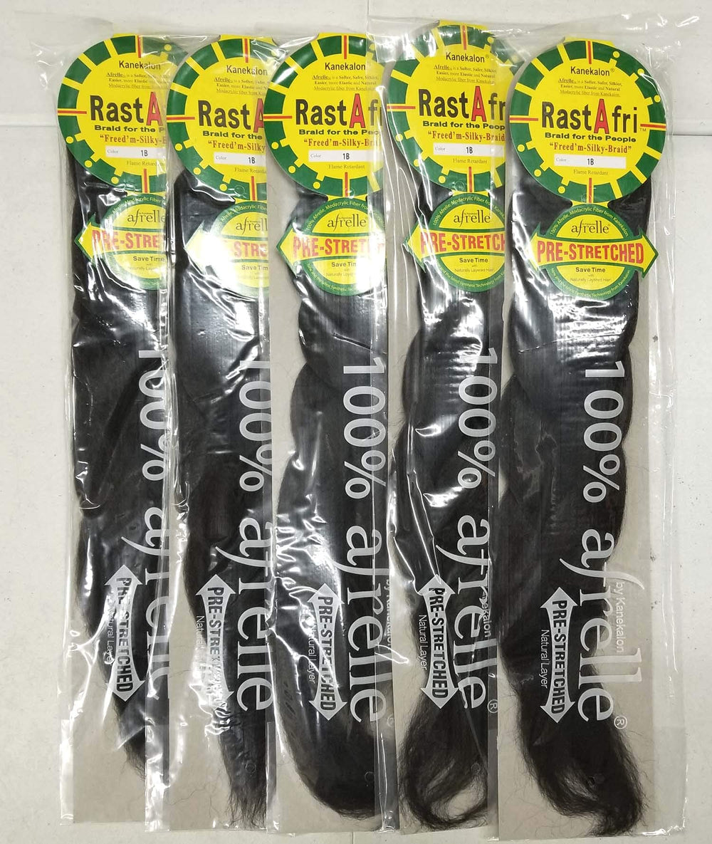 RastAfri pre-stretched silky braiding hair 1B pack for lightweight, smooth braids.