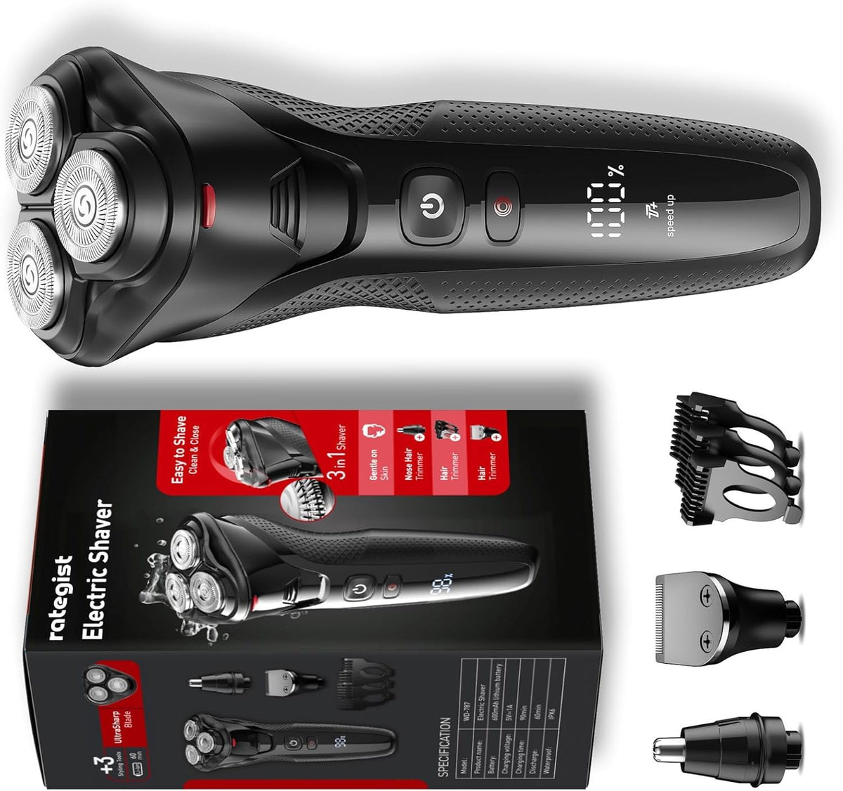 Rategist cordless razor close-up shows precision blades for a smooth shave