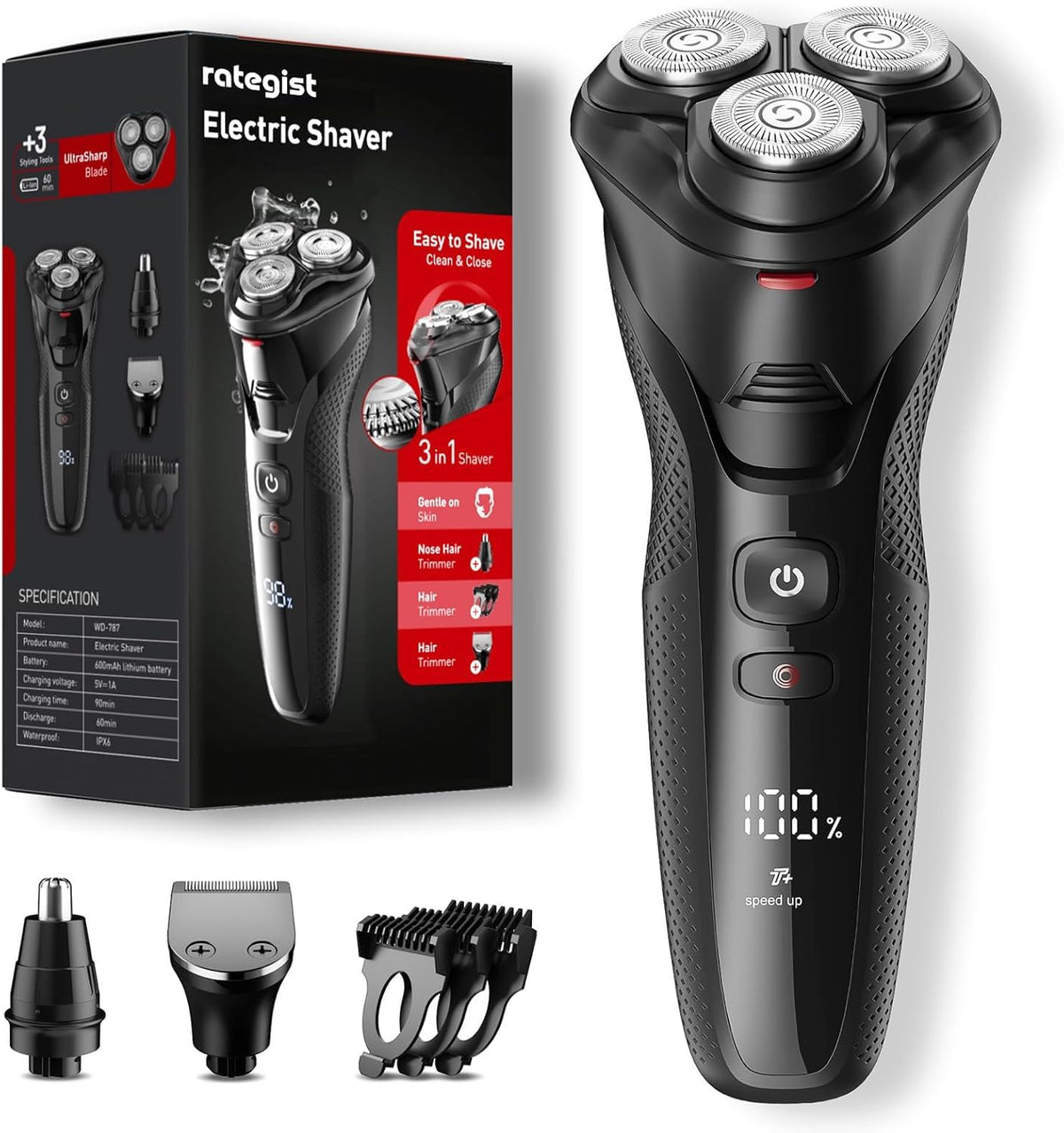 Rategist Eclipse Black razor front view shows an ergonomic grip for precise grooming.