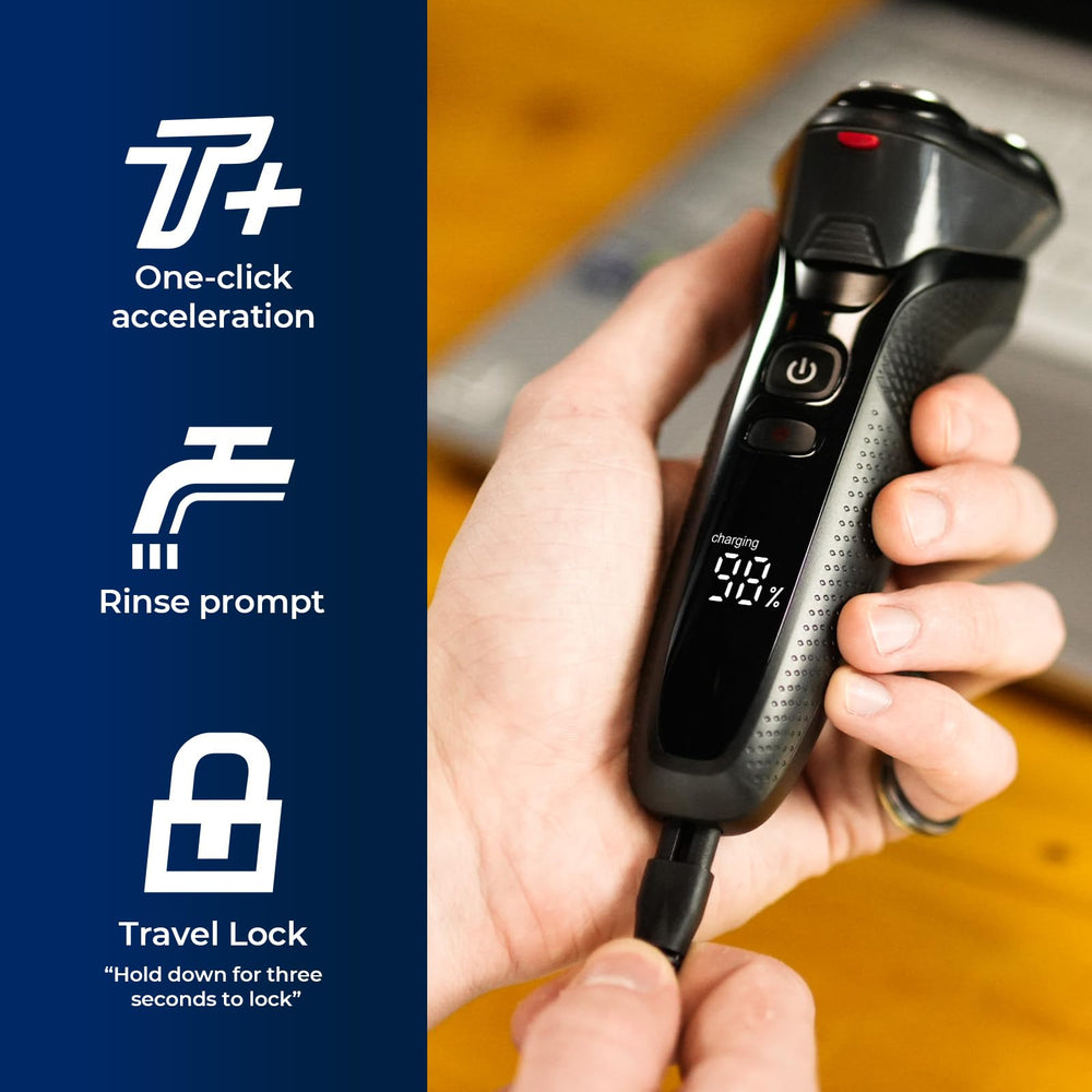 Rategist USB-C charging image highlights quick power for on-the-go grooming.