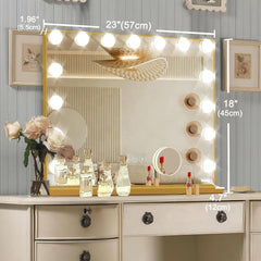 Ratsamee Gold vanity mirror with dimmable bulbs for consistent lighting across routines.