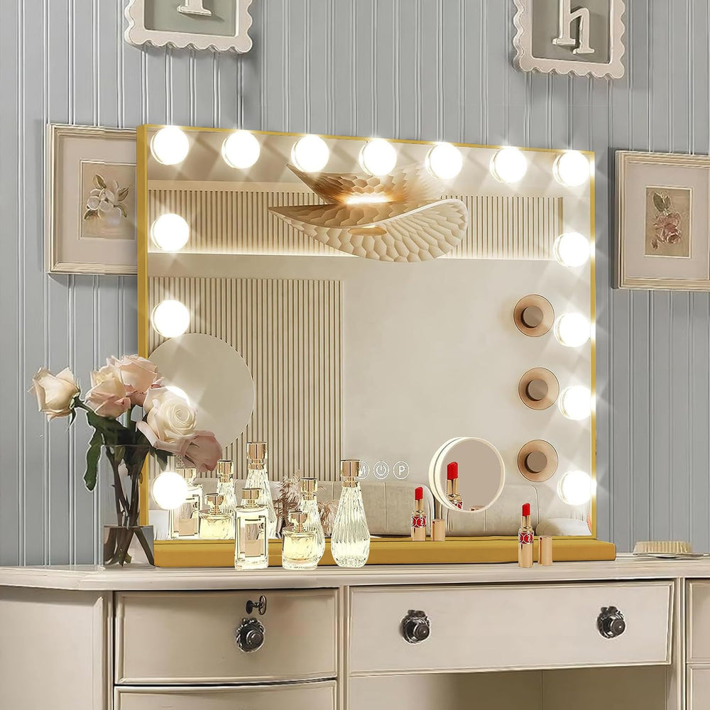 Ratsamee Gold Hollywood vanity mirror highlights a large surface for precise makeup application.