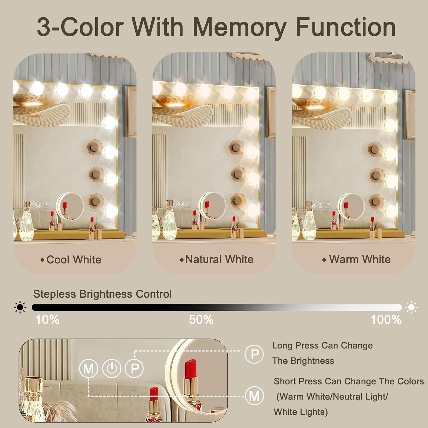 Ratsamee Gold vanity mirror features a USB charging port for convenient device charging.