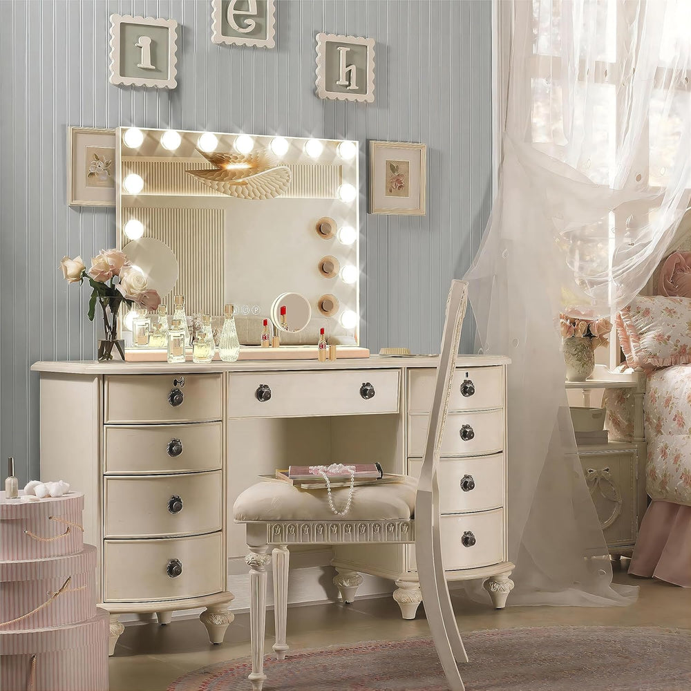 Ratsamee mirror showing three color light settings for makeup accuracy.