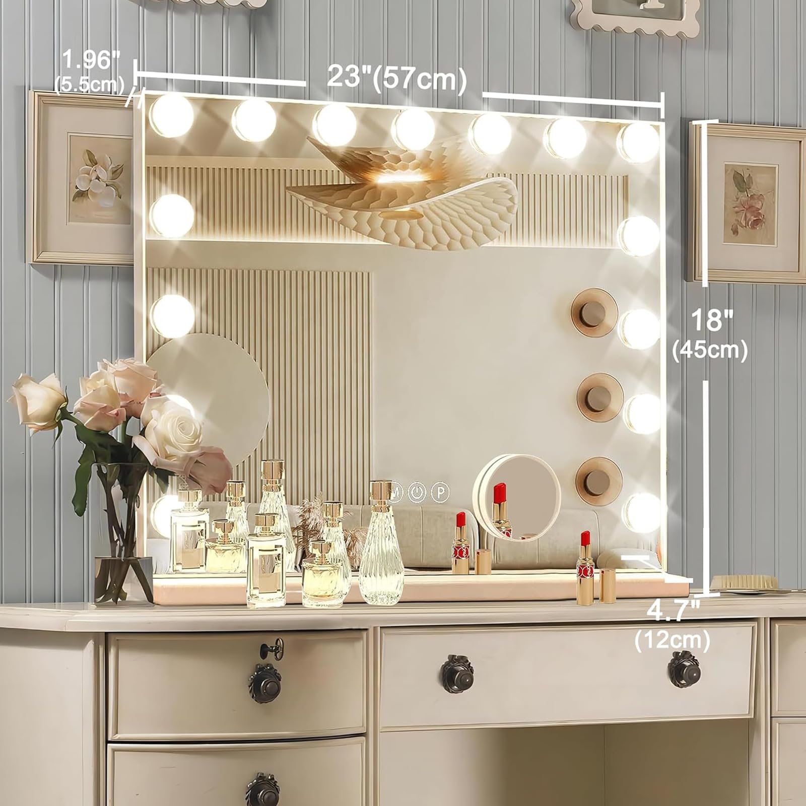 Ratsamee vanity mirror with 15 dimmable bulbs for bright, adjustable lighting.