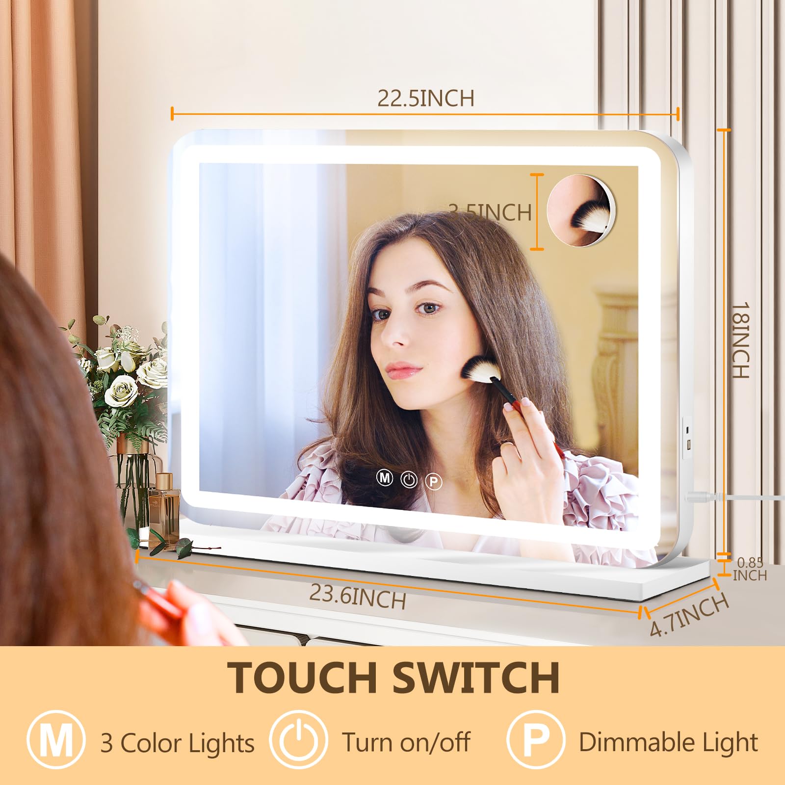 Ratsamee vanity mirror shows three-color LED lighting for versatile tasks.