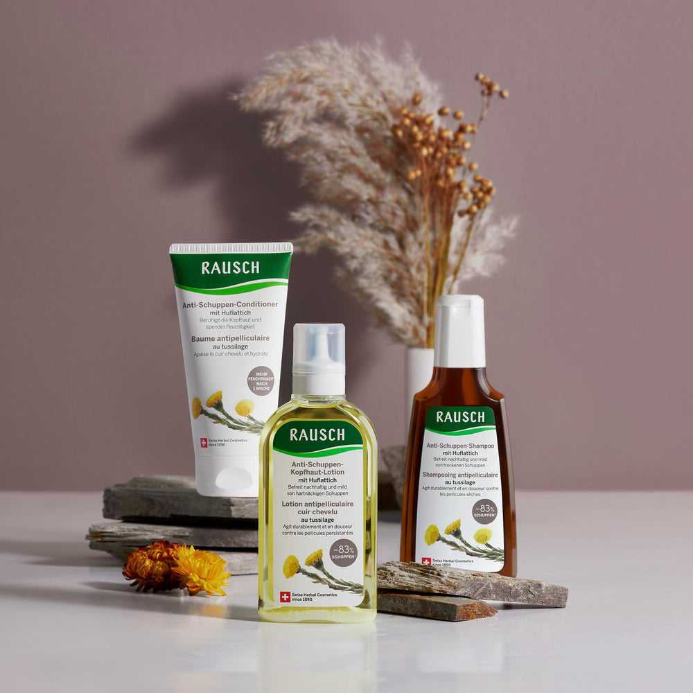 RAUSCH Coltsfoot shampoo scene suggesting soothing scalp care.