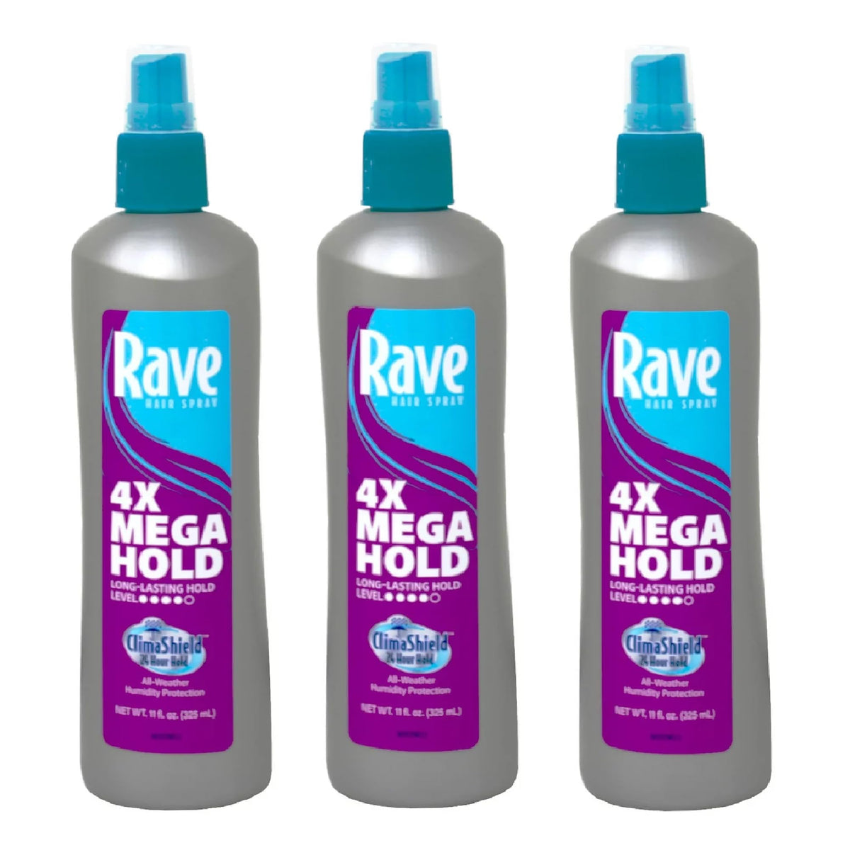 Rave 4x Mega Unscented Pump Hairspray bottle for strong hold, fragrance-free.