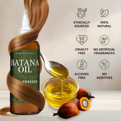 RAW ACTIVES Batana Oil application idea demonstrates quick-absorb formula for styling.