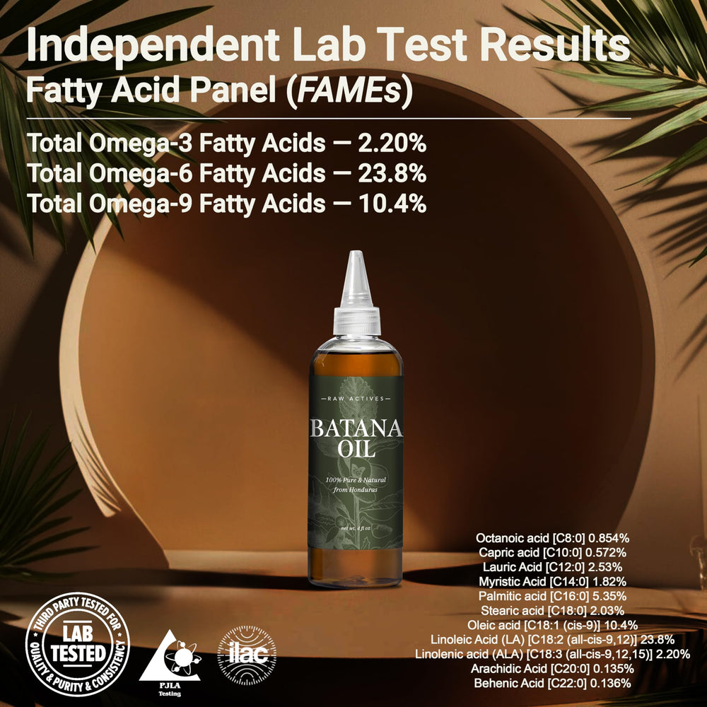 RAW ACTIVES Batana Oil 4oz packaging and label details.