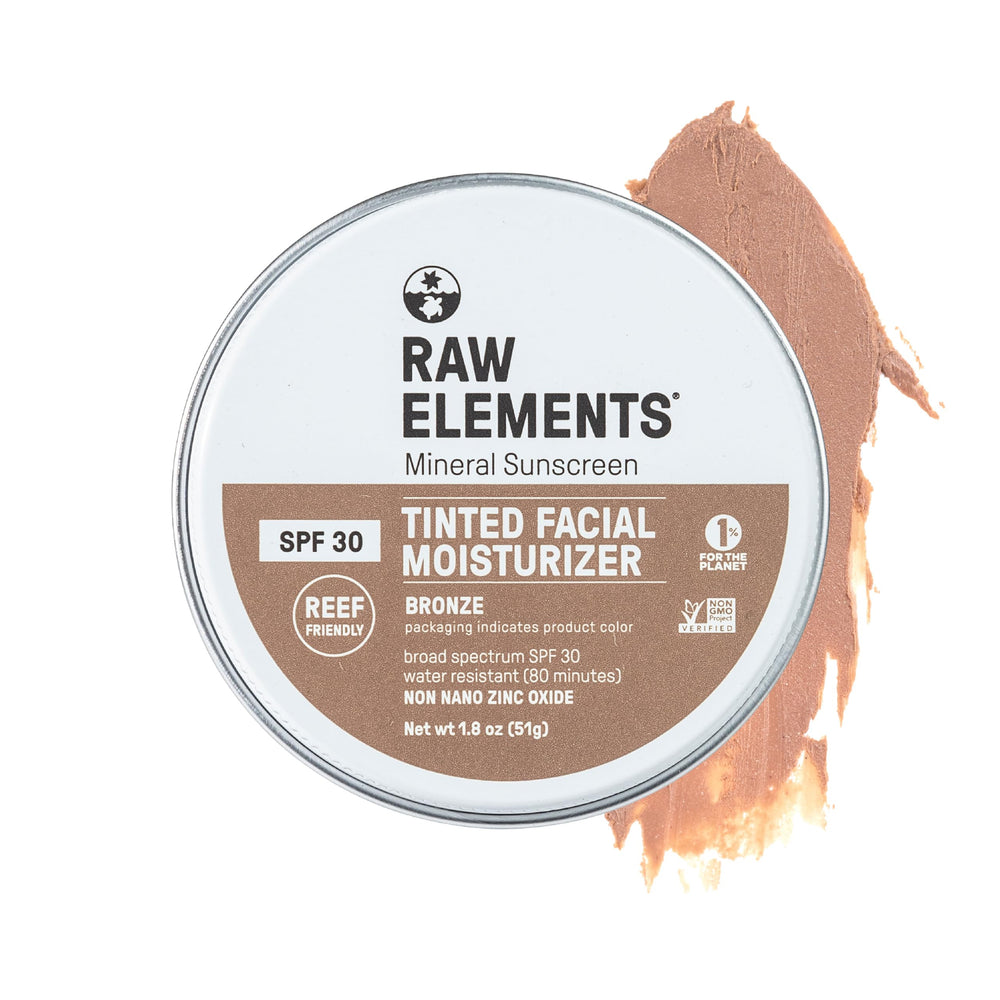 Raw Elements bronze tinted face cream bottle with mineral SPF 30 protection.