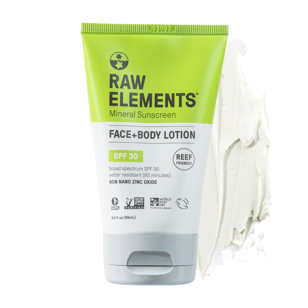 Raw Elements sunscreen tube being applied for quick outdoor protection.