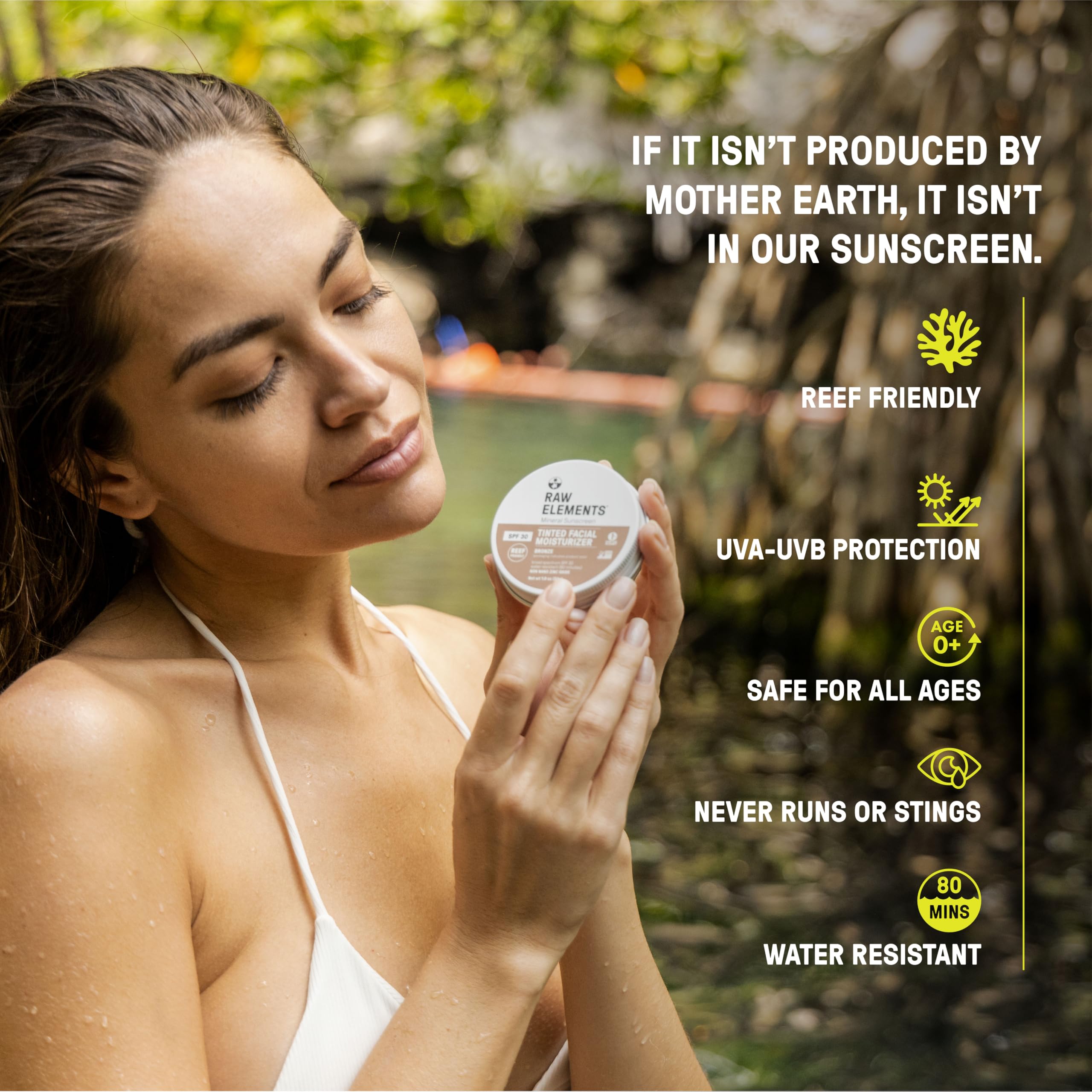 Raw Elements mango butter-based formula emphasizes rich moisturization for dry skin.