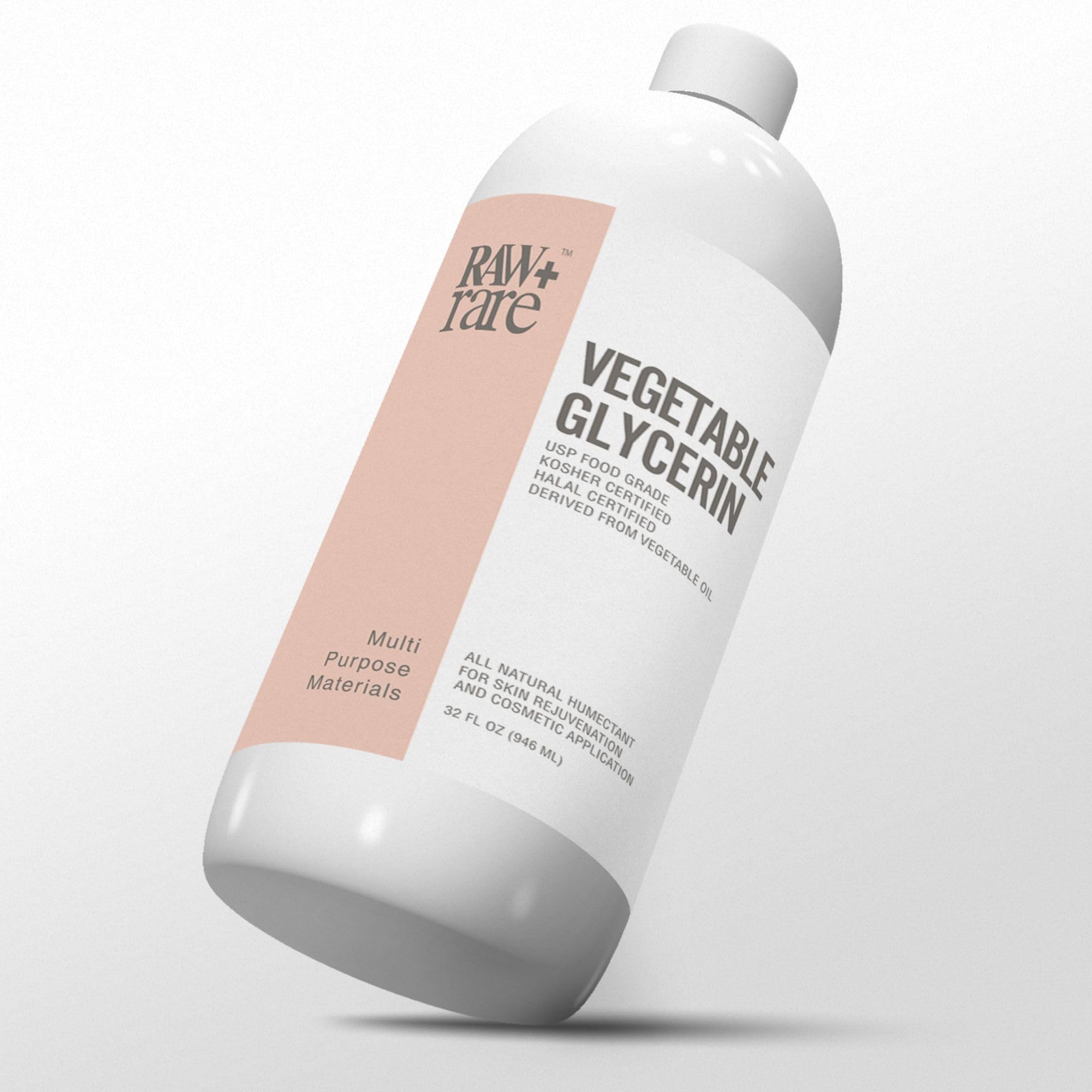 Raw Plus Rare vegetable glycerin bottle closeup showing clear, viscous liquid for skin care