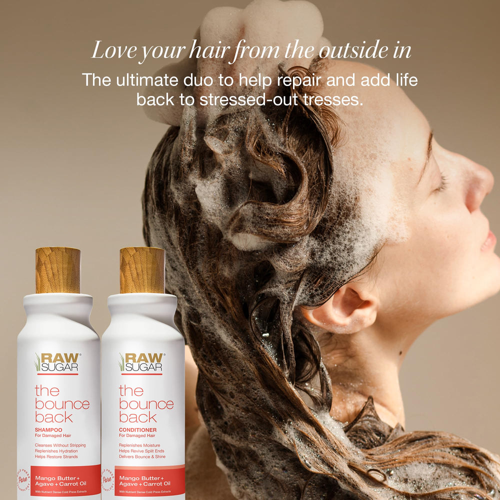 RAW SUGAR Bounce Back conditioner bottle smooths and seals moisture for shine