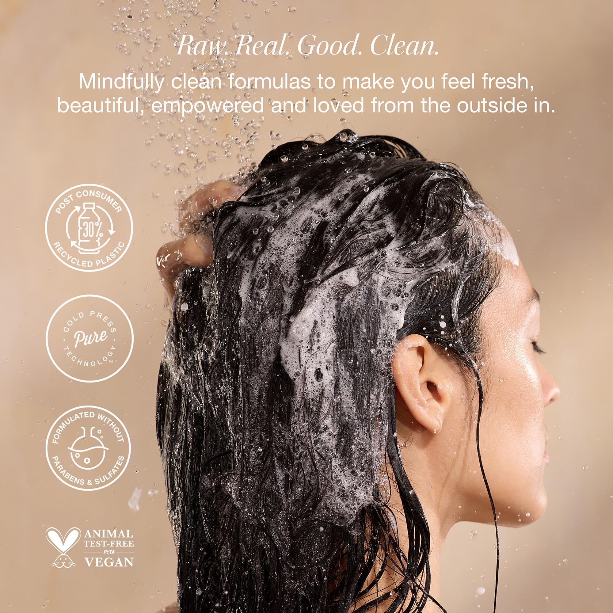Raw Sugar daily-use-cleanse scene, fragrance-free hair care for delicate strands.