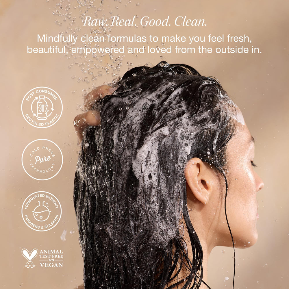 Raw Sugar daily-use-cleanse scene, fragrance-free hair care for delicate strands.