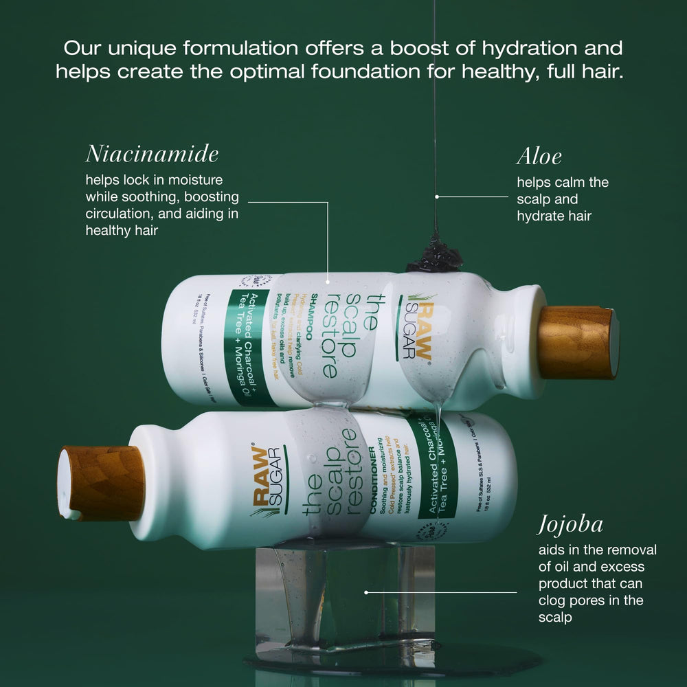 RAW SUGAR jojoba aloe niacinamide ingredients close-up emphasizes nourishing scalp care.