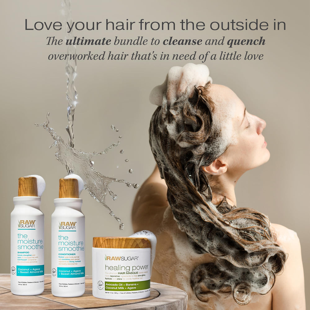 RAW SUGAR Moisture Smoothie conditioner bottle ready to tame dryness and frizz.
