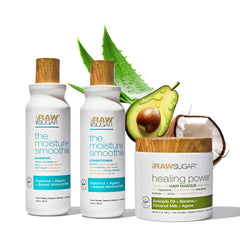 RAW SUGAR Moisture Smoothie shampoo bottle showing hydrating formula for smoother, manageable hair.