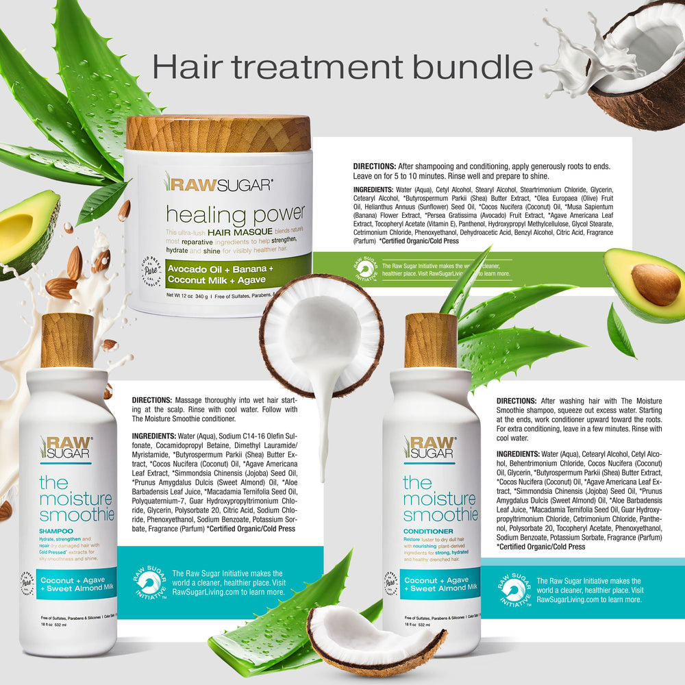 RAW SUGAR Natural ingredient blend bottle label hints avocado, coconut, and shea butter nourishment.