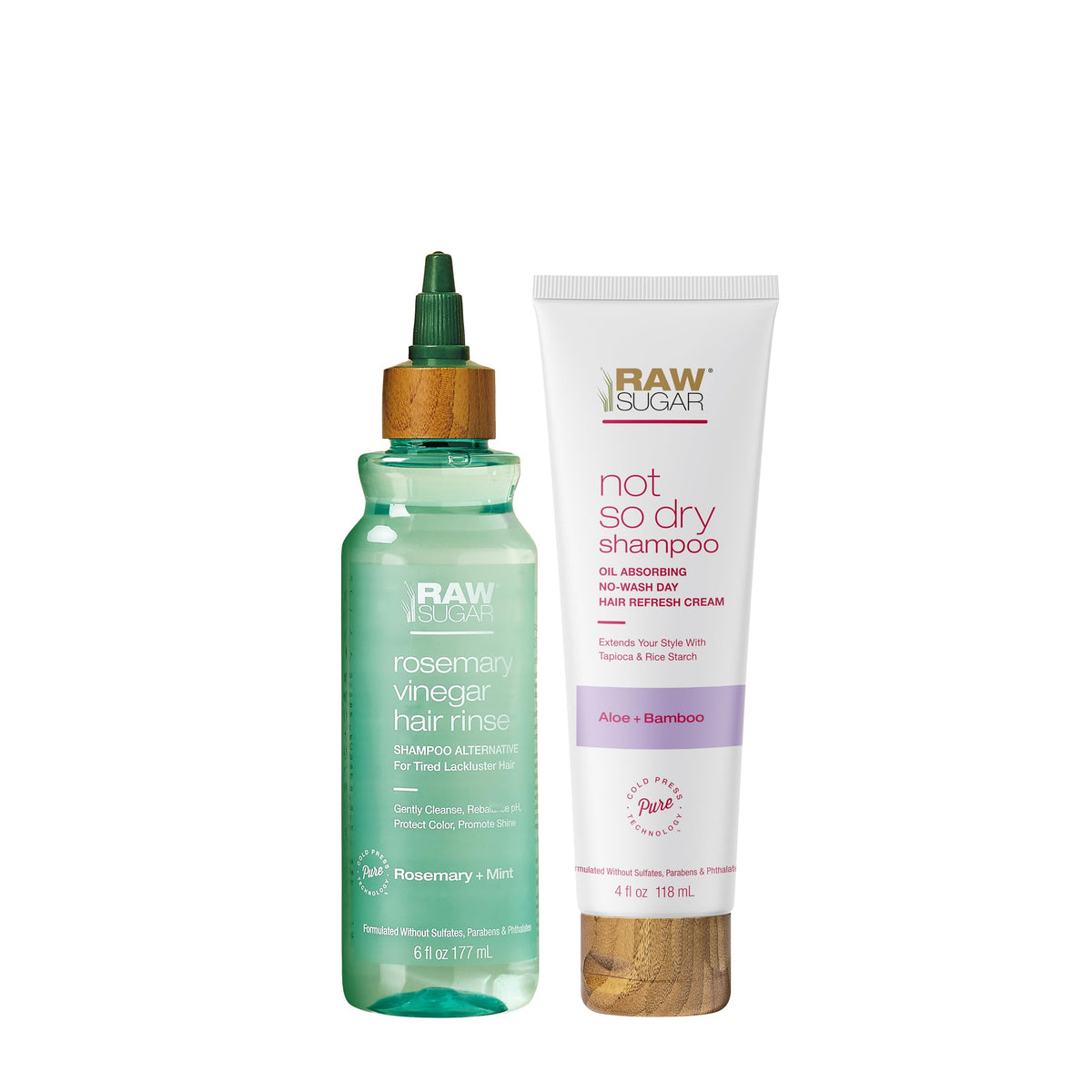RAW SUGAR rosemary-vinegar-hair-rinse bottle demonstrates color-safe cleansing and shine.