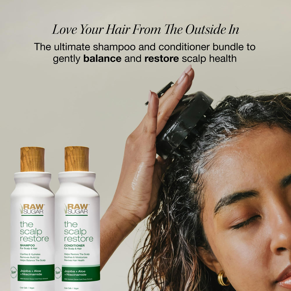 RAW SUGAR scalp restore conditioner bottle highlights hydrated hair and renewed softness.