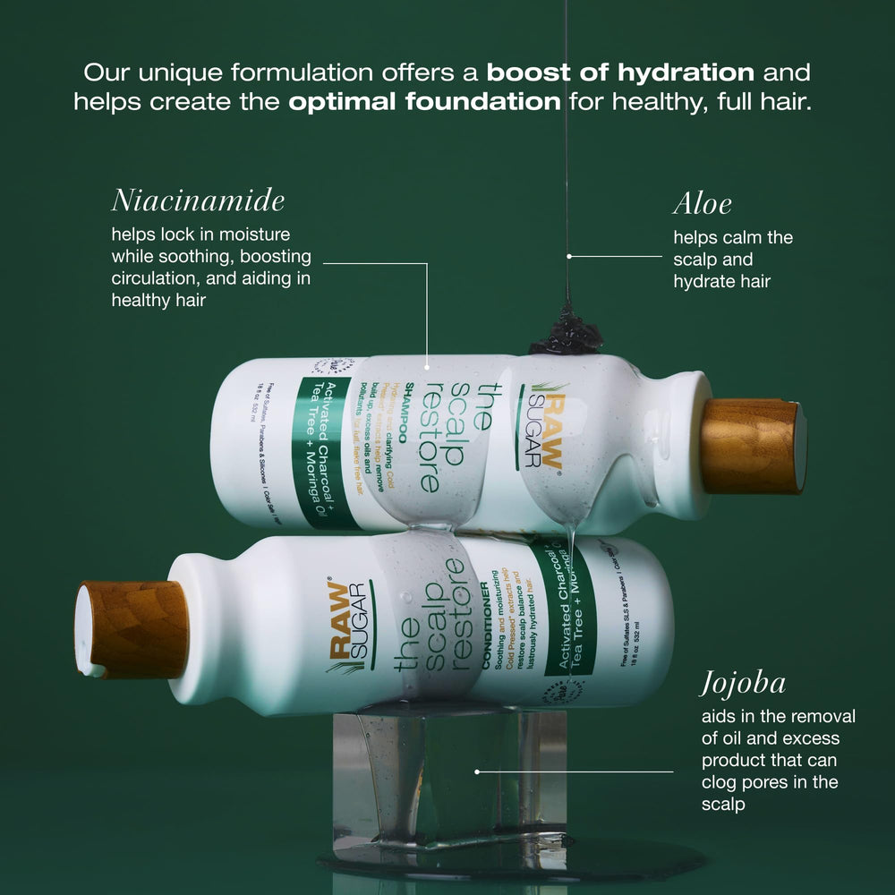 RAW SUGAR scalp restore conditioner pump close-up signaling nourishing hair hydration