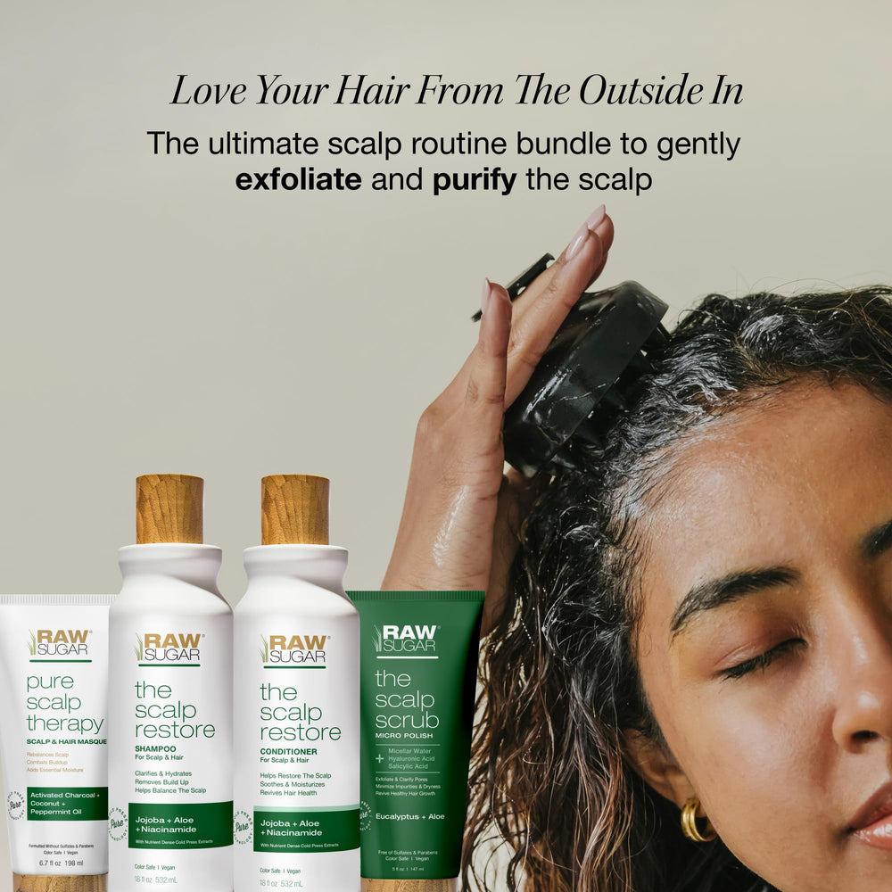 RAW SUGAR scalp restore shampoo pour close-up showcasing refreshing scalp cleanse