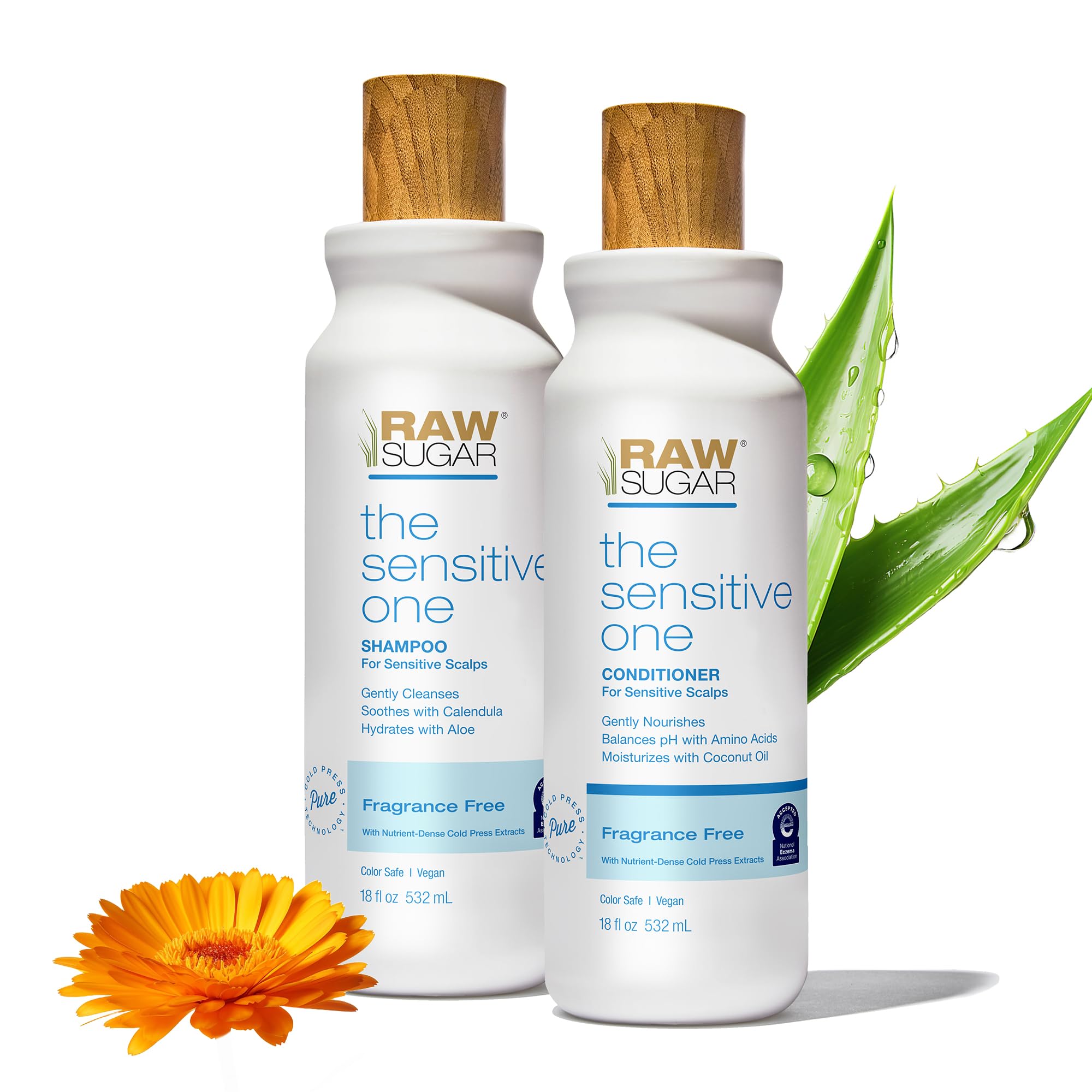 Raw Sugar shampoo bottle front, fragrance-free cleanse gentle for sensitive scalp and daily use.