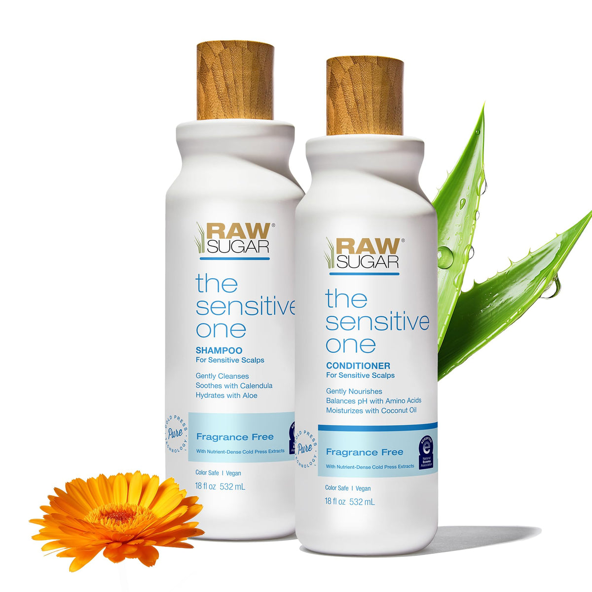 Raw Sugar shampoo bottle front, fragrance-free cleanse gentle for sensitive scalp and daily use.