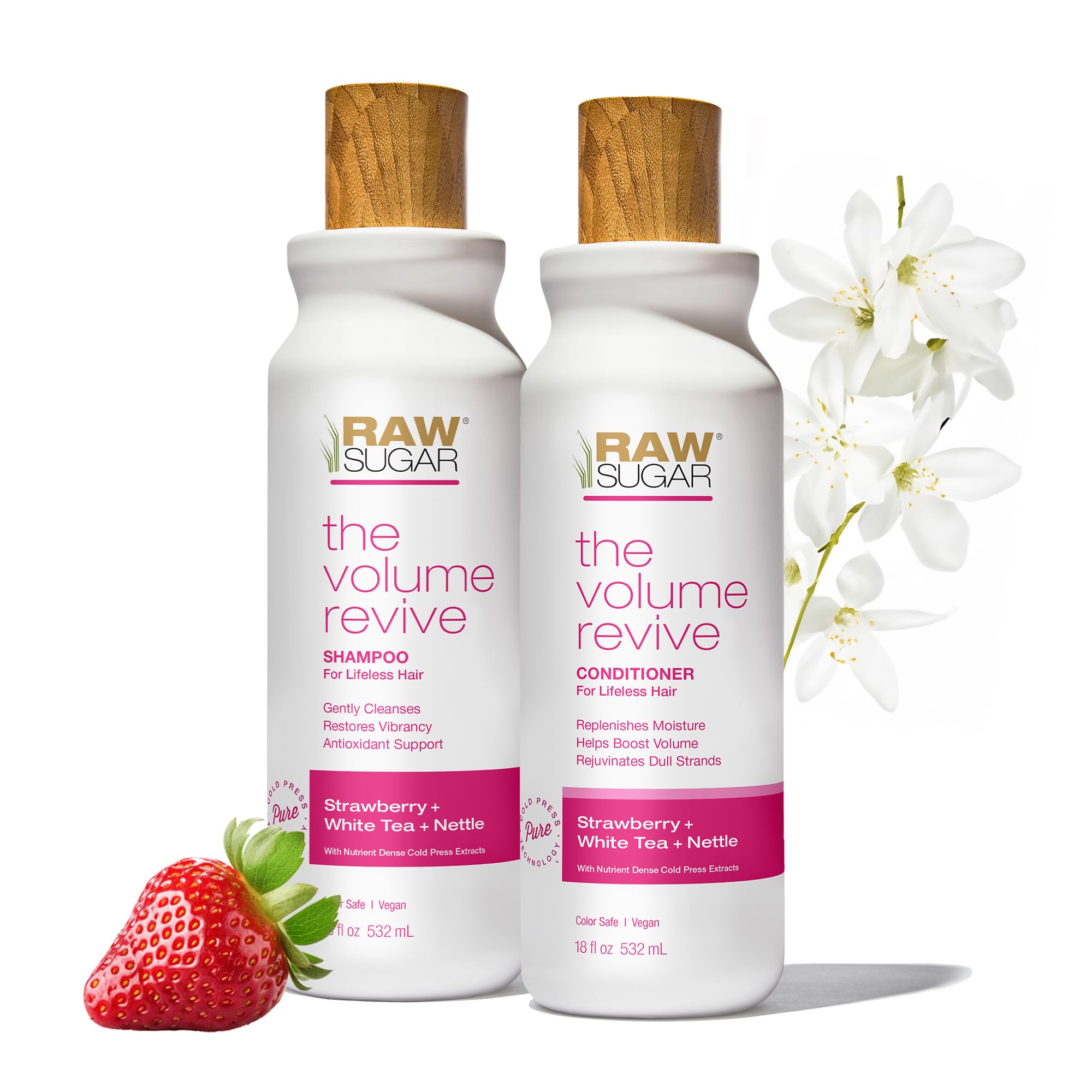 Raw Sugar Volume Revive Shampoo bottle with a volumizing formula for fuller-looking hair.