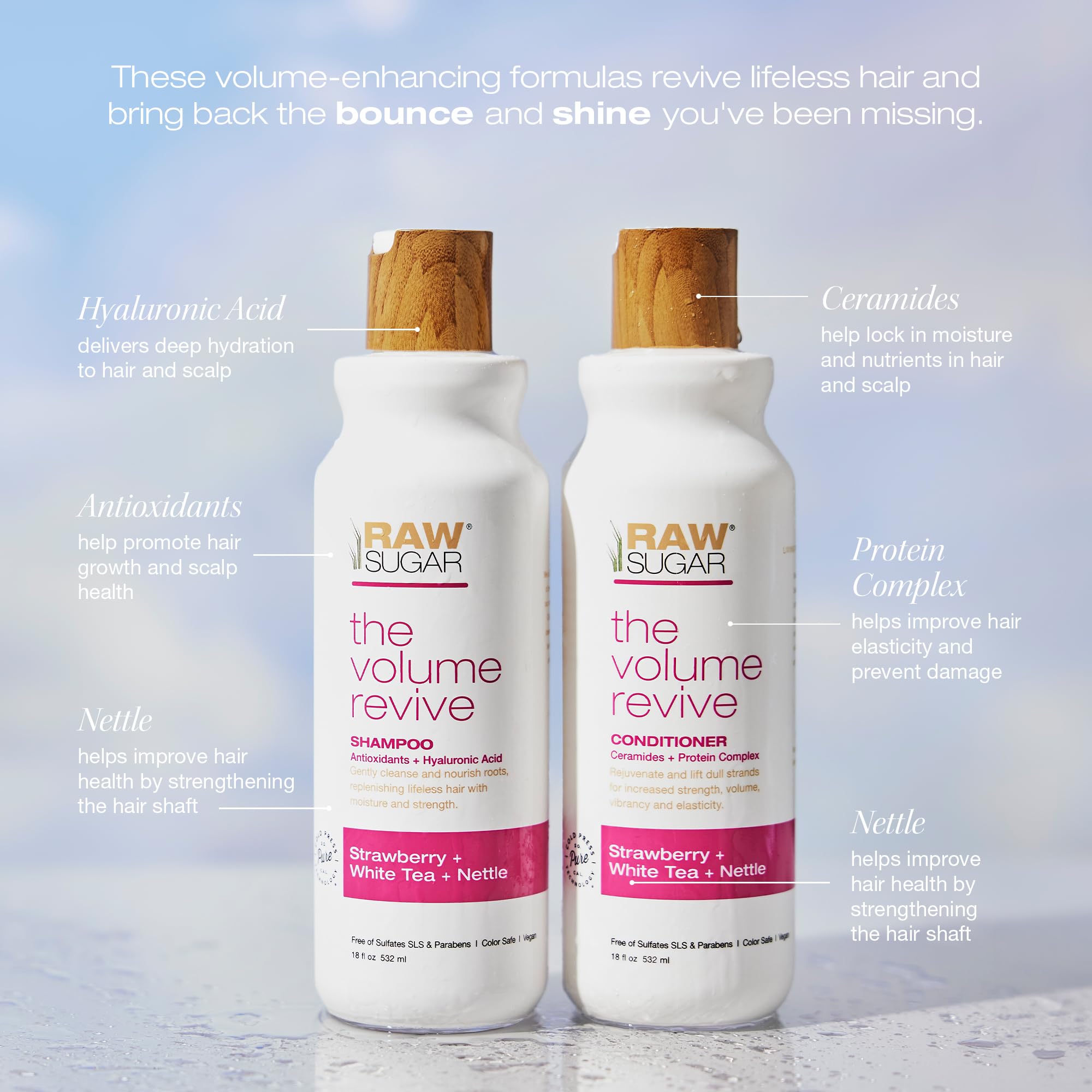 Raw Sugar Volume Revive shampoo lather highlights cleansing with nettle and tea extracts.