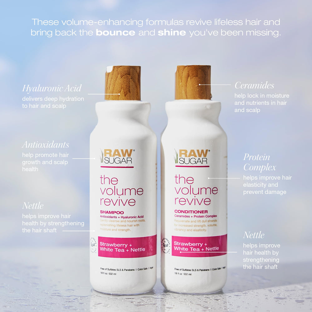 Raw Sugar Volume Revive shampoo lather highlights cleansing with nettle and tea extracts.