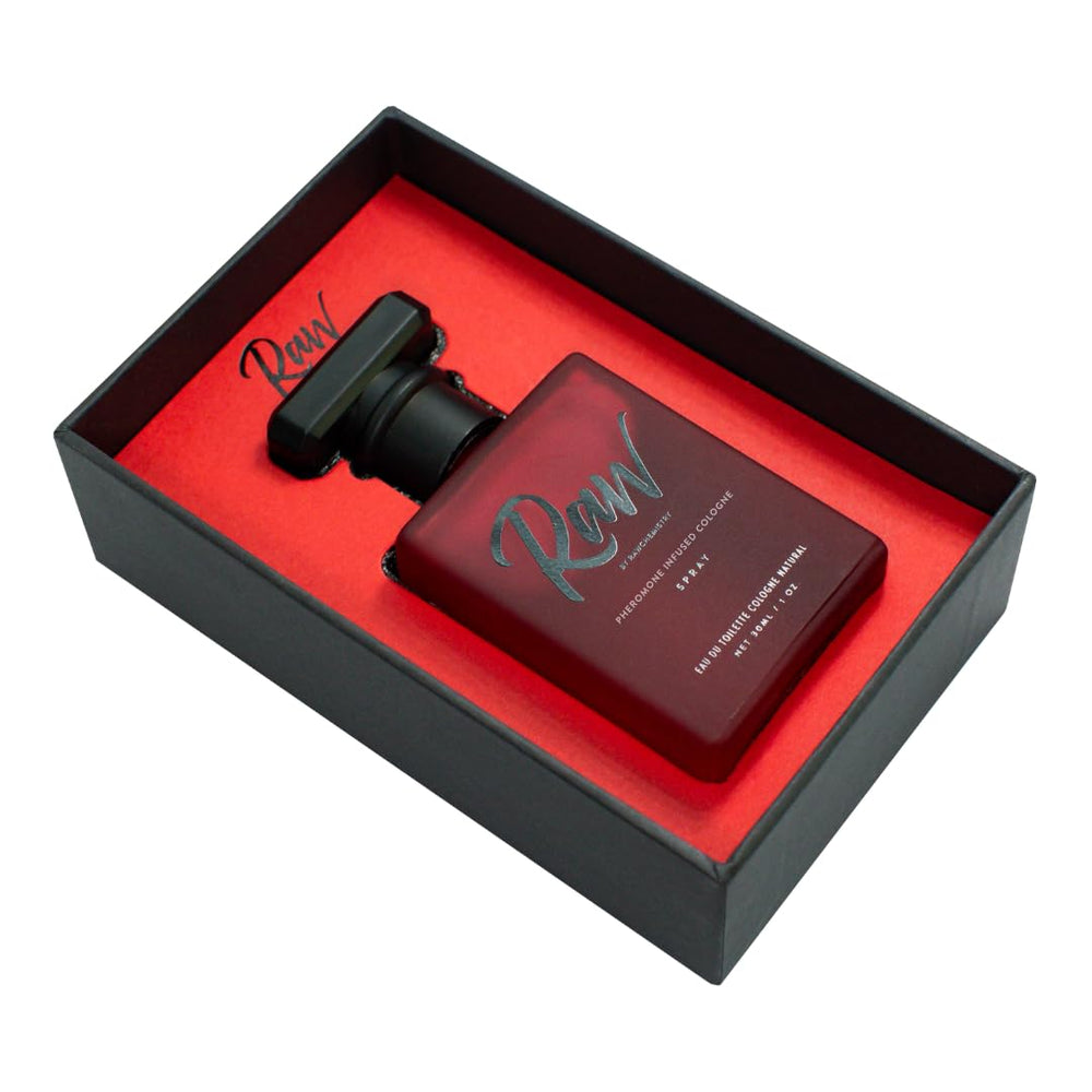 RawChemistry Raw Pheromone Cologne bottle-cap close-up highlights alcohol-free formula.