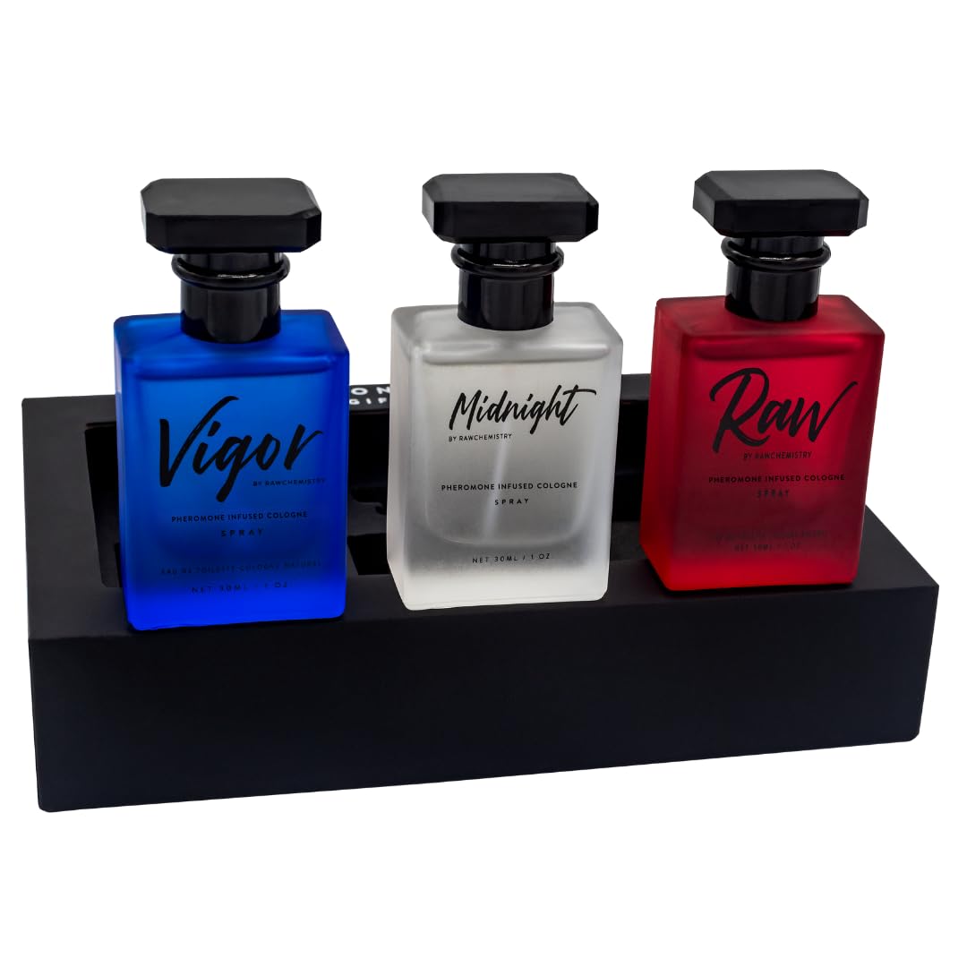RawChemistry three-bottle collection display, versatile scents for day or night wear.