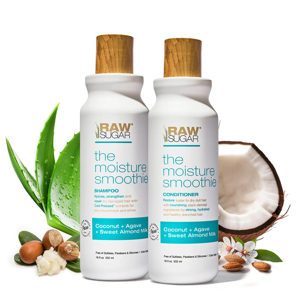 RAW SUGAR Moisture Smoothie shampoo bottle - hydrating formula for dry, frizz-prone hair.