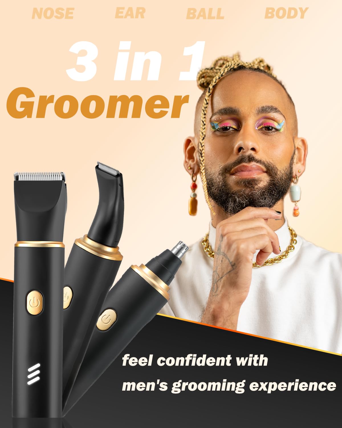 RAXMETRY groin trimmer head detail emphasizes safe, skin friendly bevelled blade for sensitive areas.