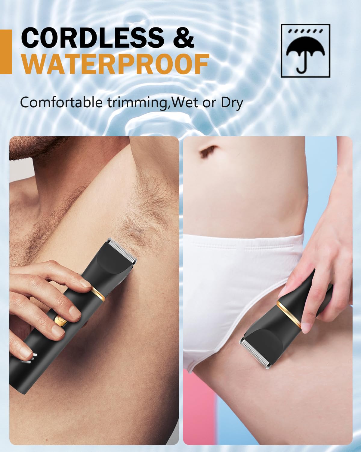 RAXMETRY IPX7 waterproof use image indicates wet or dry operation for flexible grooming.