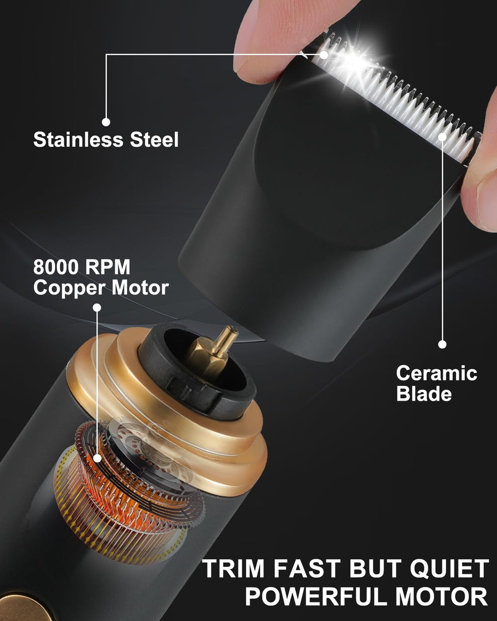 RAXMETRY trimmer ergonomic grip close-up emphasizes comfortable handling during extended grooming sessions.