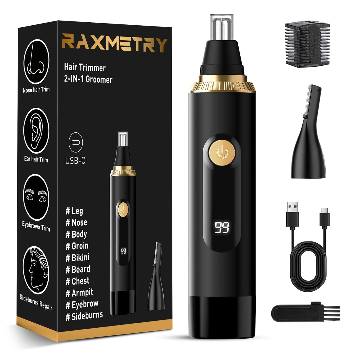 RAXMETRY nose hair trimmer with dual-heads for versatile grooming.