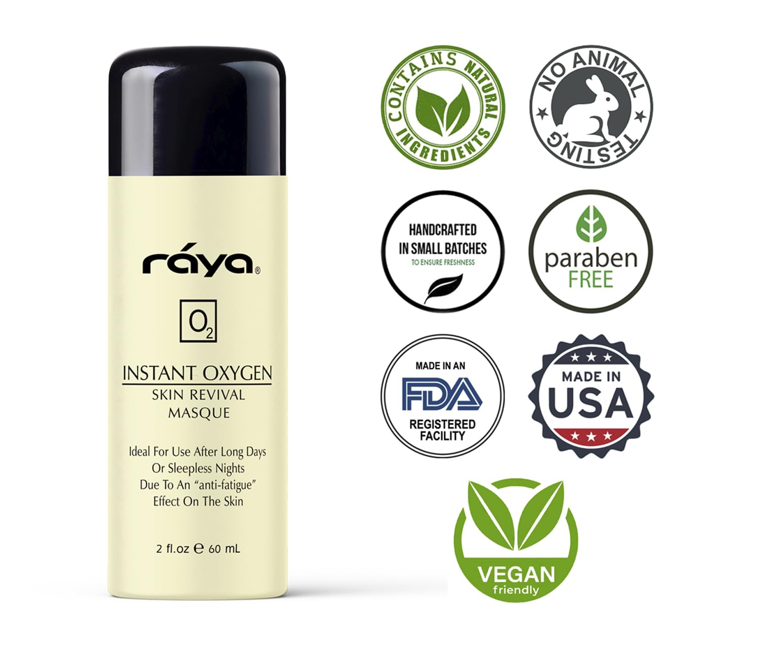 Raya Instant Oxygen Skin Revival Masque USA-made label highlights clean, ethical skincare