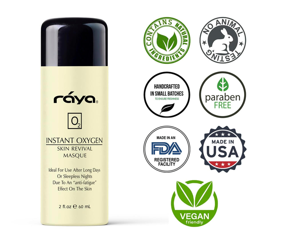 Raya Instant Oxygen Skin Revival Masque USA-made label highlights clean, ethical skincare