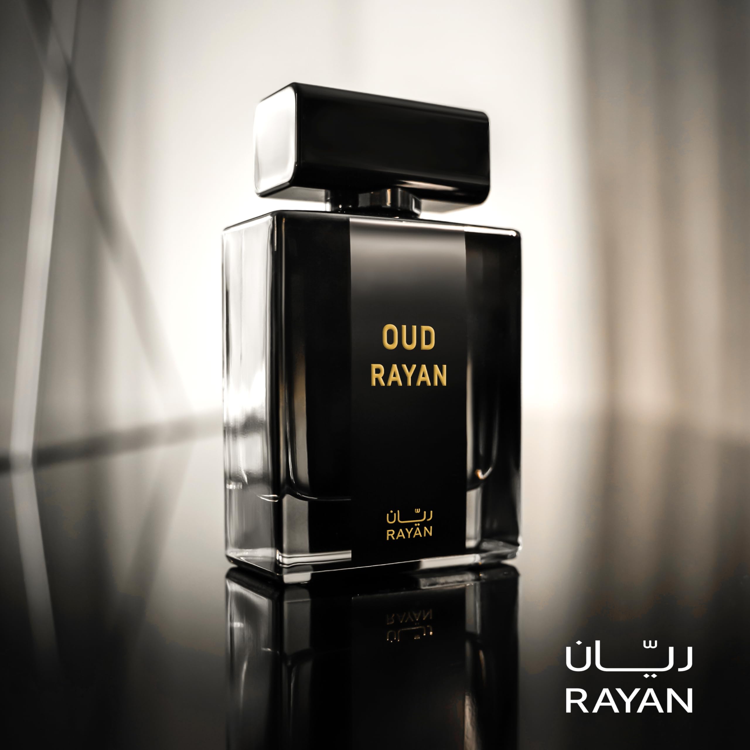 RAYAN Oud perfume bottle with amber tones evokes warmth suitable for evening events.